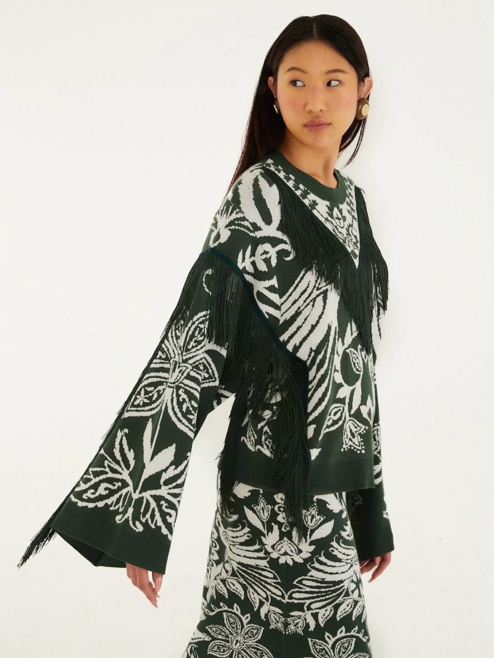 NWT Farn Rio Miranda Dark Green and White Fringe Knit Sweater size S. - Picture 3 of 11